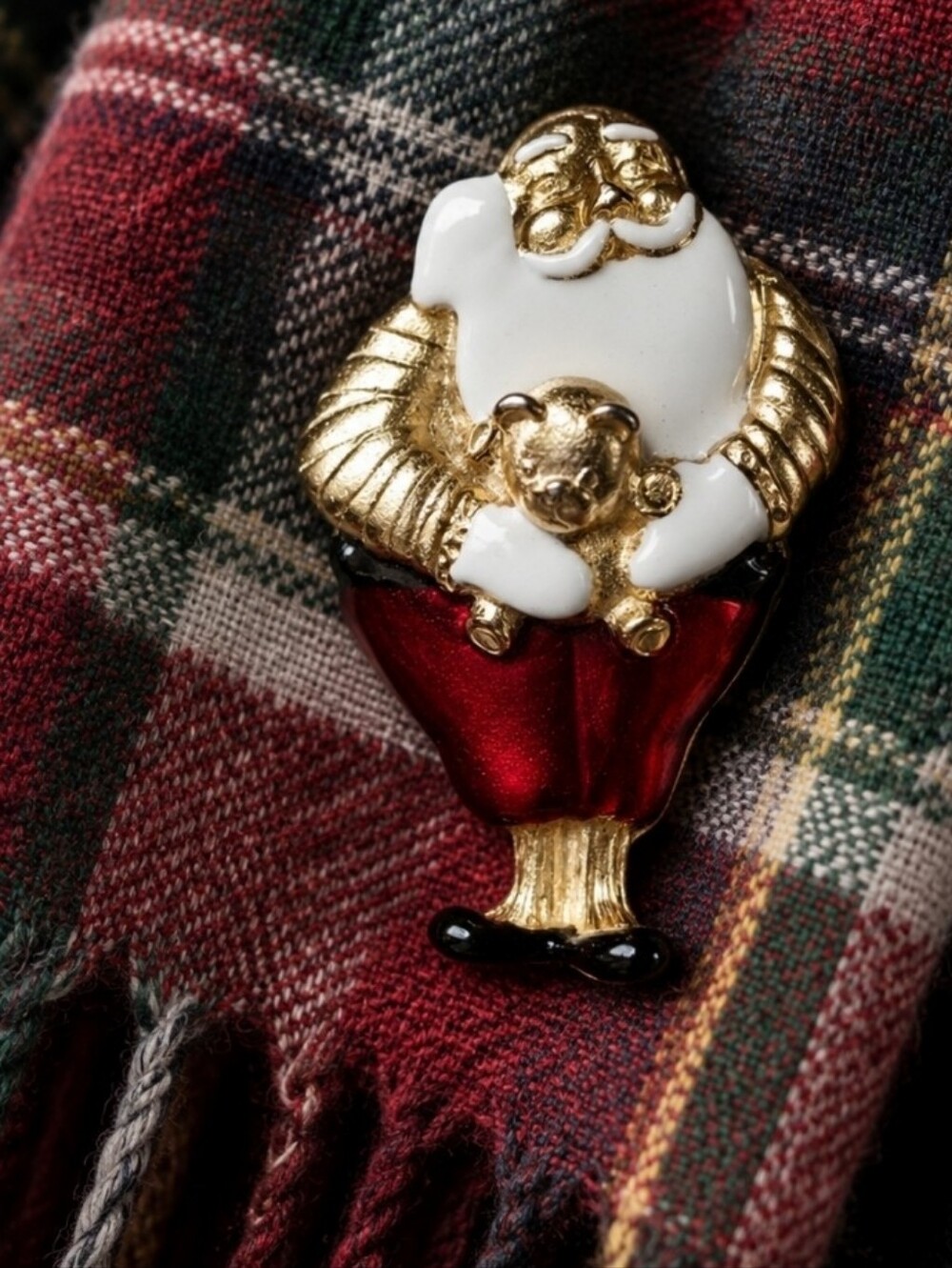 Gold Tone Enamel Santa Claus Teddy Bear Christmas Holiday Vintage Brooch EUC Y2K